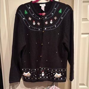 Black Holiday Sweater with Snowman and Tree Design